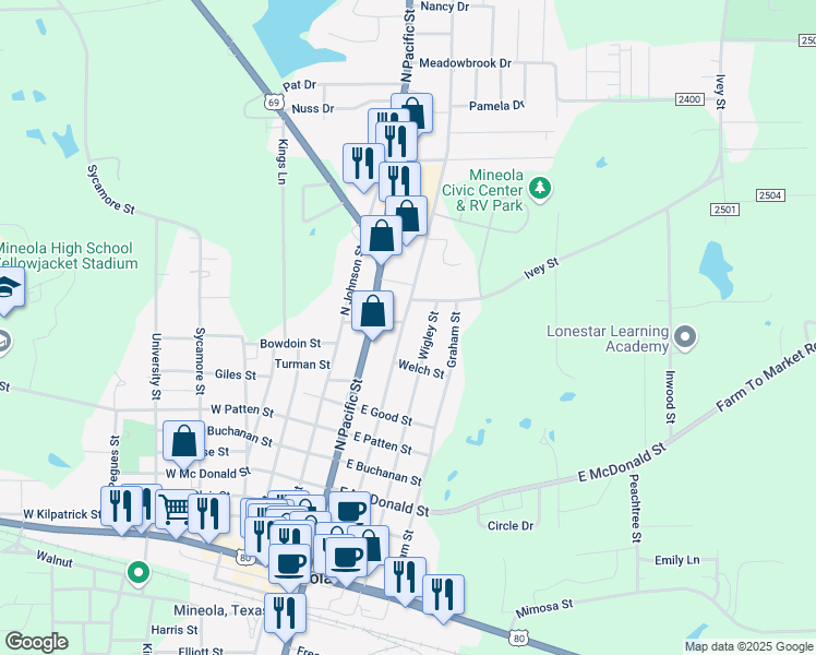 map of restaurants, bars, coffee shops, grocery stores, and more near 910 North Newsom Street in Mineola