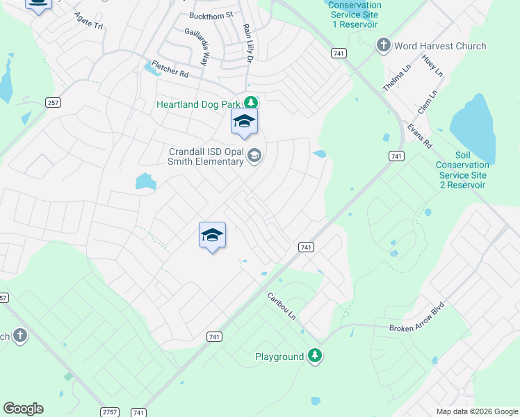 map of restaurants, bars, coffee shops, grocery stores, and more near 2847 Journey Lane in Crandall