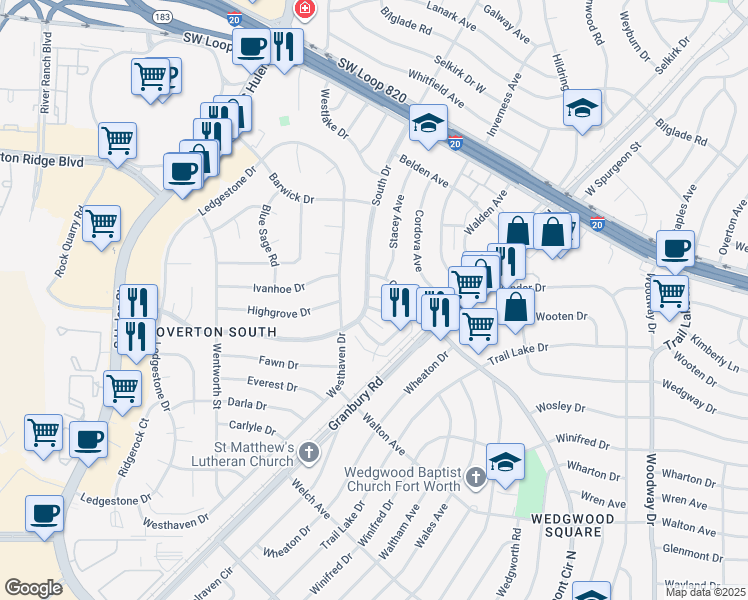 map of restaurants, bars, coffee shops, grocery stores, and more near 4334 Segura Court North in Fort Worth