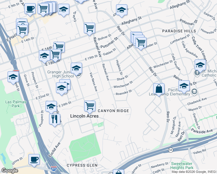 map of restaurants, bars, coffee shops, grocery stores, and more near 2330 Rachael Avenue in National City