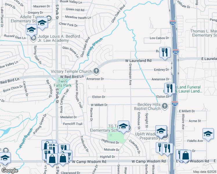 map of restaurants, bars, coffee shops, grocery stores, and more near 615 Mannington Drive in Dallas