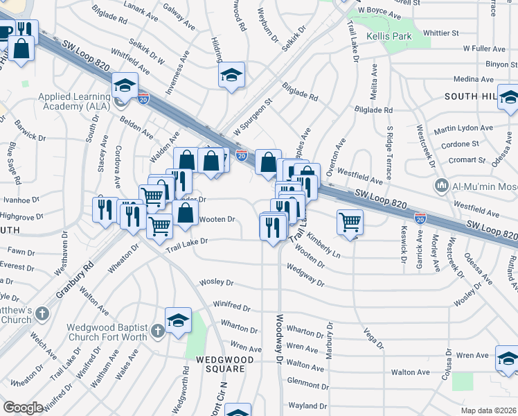 map of restaurants, bars, coffee shops, grocery stores, and more near 5353 Wonder Drive in Fort Worth