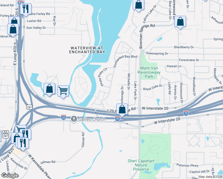 map of restaurants, bars, coffee shops, grocery stores, and more near 4703 Enchanted Bay Boulevard in Arlington