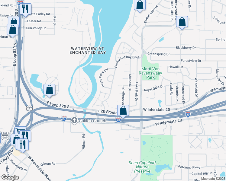 map of restaurants, bars, coffee shops, grocery stores, and more near 4703 Enchanted Bay Boulevard in Arlington