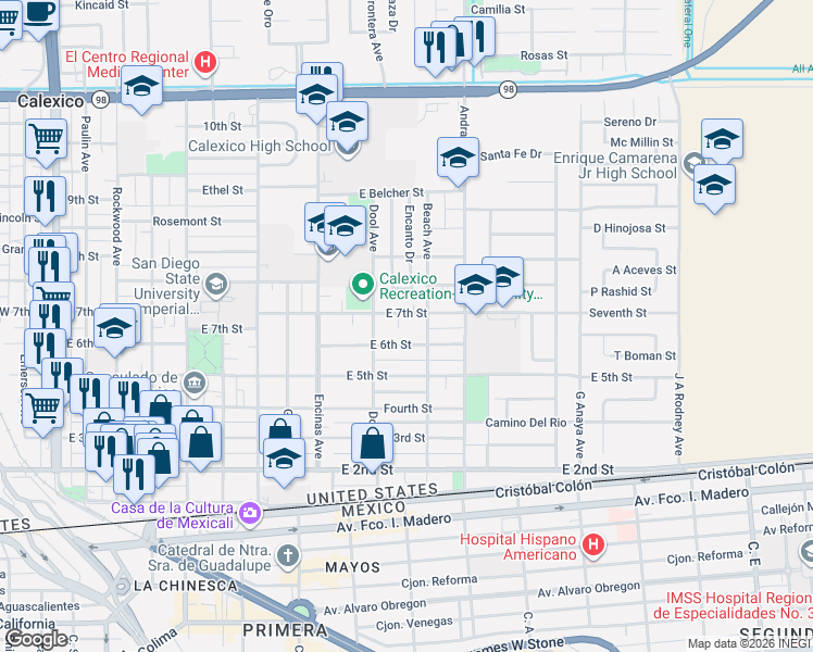 map of restaurants, bars, coffee shops, grocery stores, and more near 544 Taylor Place in Calexico