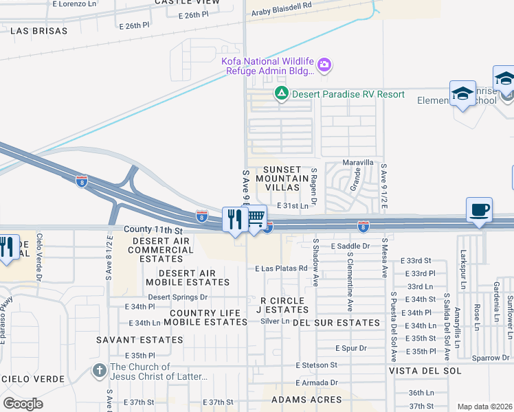 map of restaurants, bars, coffee shops, grocery stores, and more near 9073 East 31st Lane in Yuma