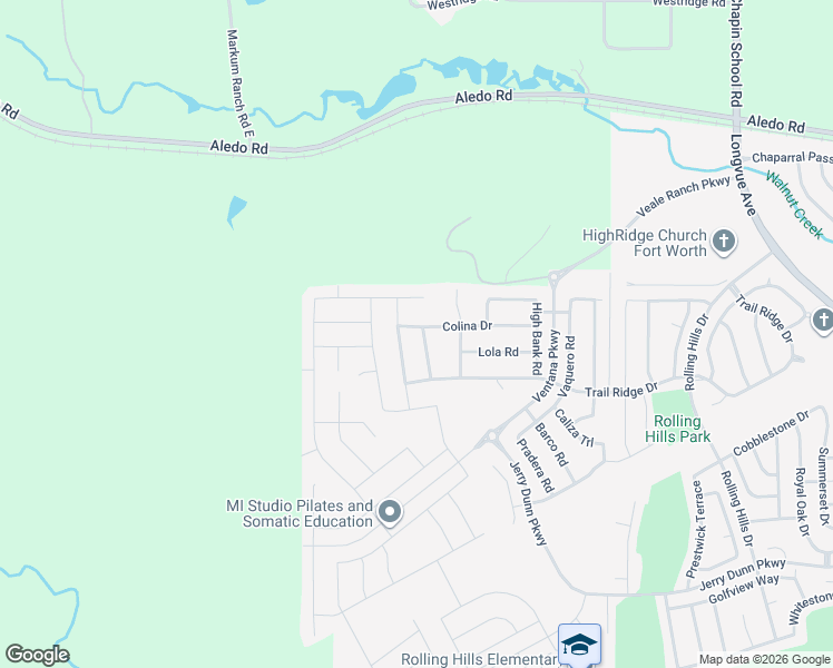 map of restaurants, bars, coffee shops, grocery stores, and more near 5500 Baker Creek Road in Fort Worth