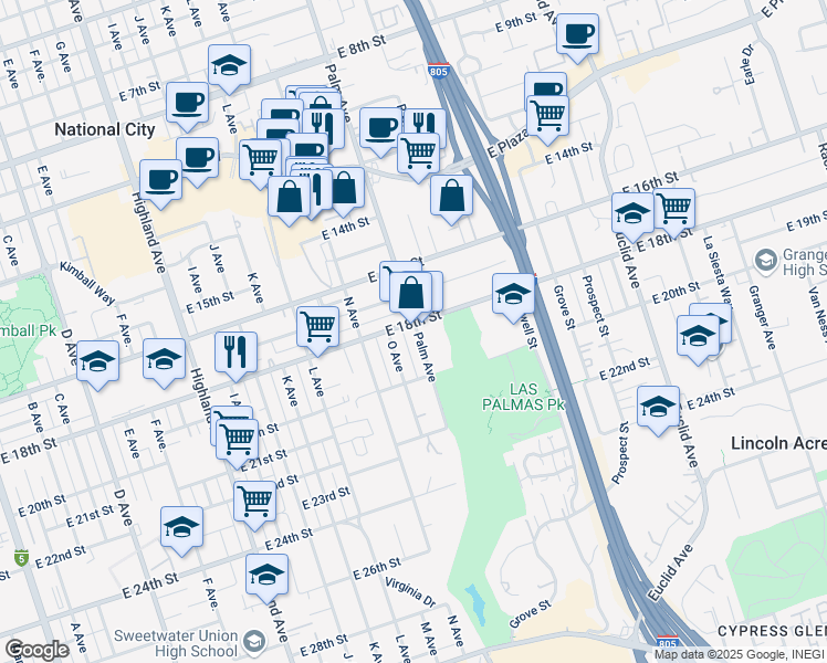 map of restaurants, bars, coffee shops, grocery stores, and more near 1810 Palm Avenue in National City
