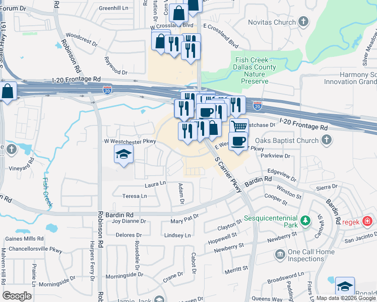 map of restaurants, bars, coffee shops, grocery stores, and more near 4116 South Carrier Parkway in Grand Prairie