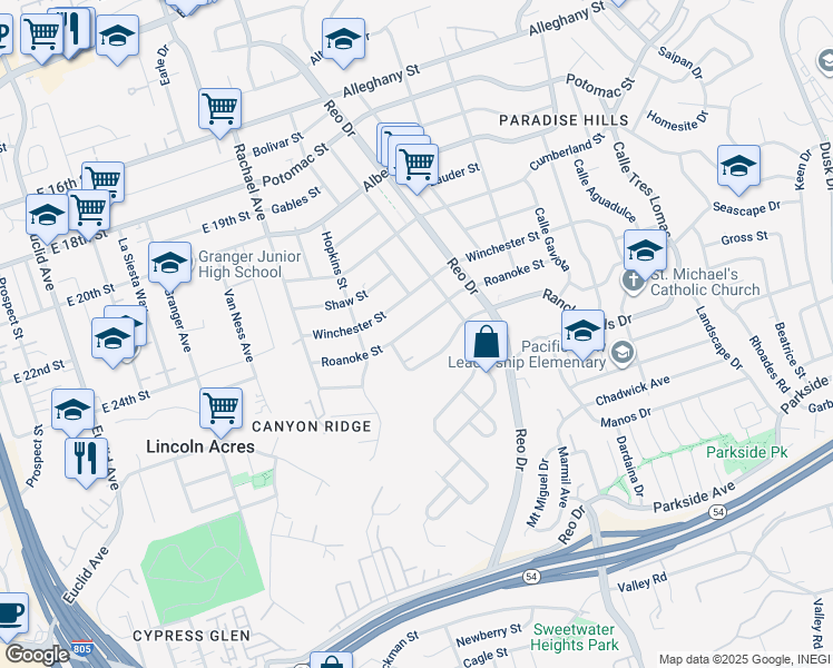 map of restaurants, bars, coffee shops, grocery stores, and more near 5779 Roanoke Street in San Diego