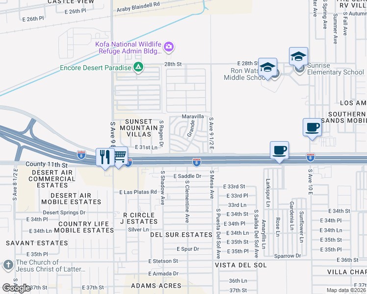 map of restaurants, bars, coffee shops, grocery stores, and more near 9400 North Frontage Road in Yuma
