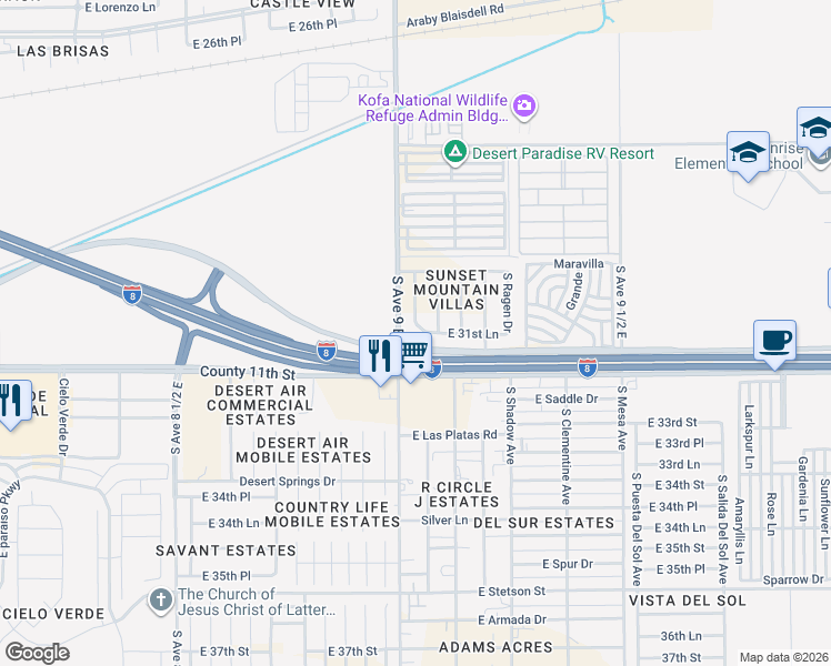 map of restaurants, bars, coffee shops, grocery stores, and more near 9073 East 31st Lane in Yuma
