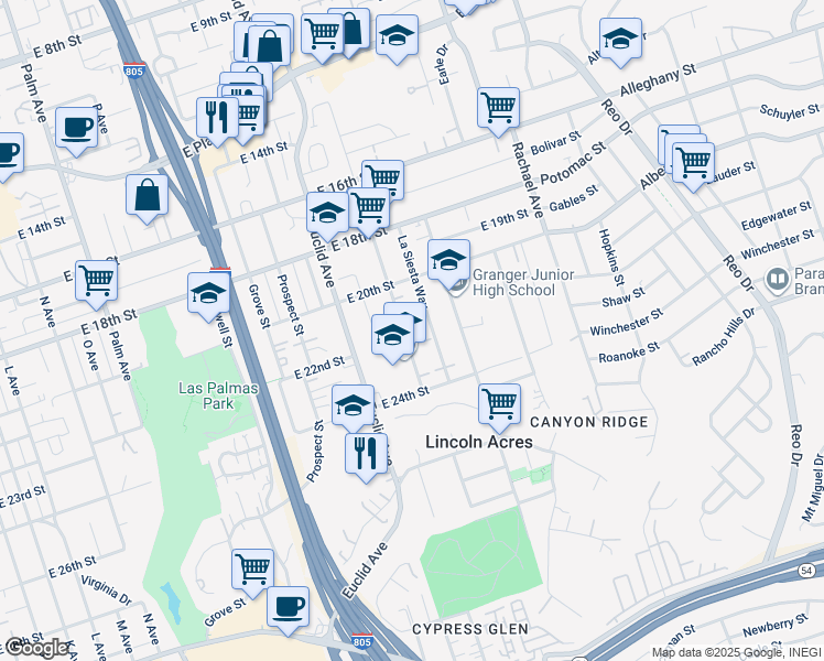 map of restaurants, bars, coffee shops, grocery stores, and more near 2128 La Siesta Way in National City