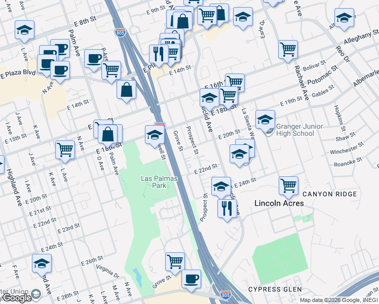 map of restaurants, bars, coffee shops, grocery stores, and more near 2005 Grove Street in National City