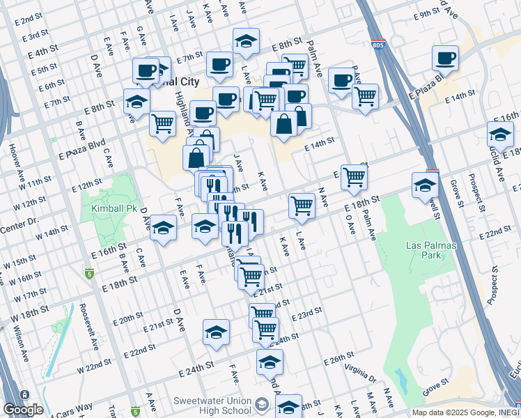 map of restaurants, bars, coffee shops, grocery stores, and more near 1041 East 17th Street in National City