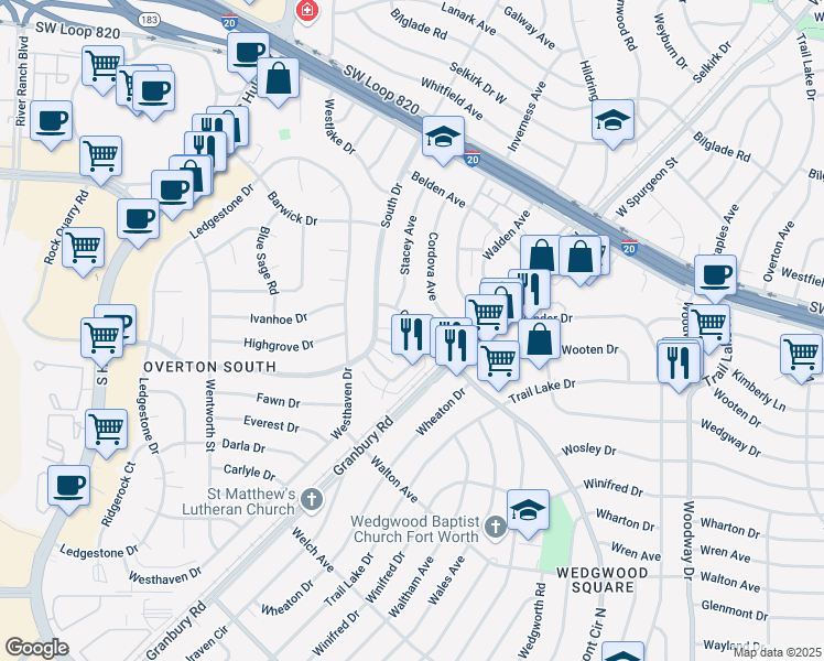 map of restaurants, bars, coffee shops, grocery stores, and more near 4327 Gorman Drive in Fort Worth