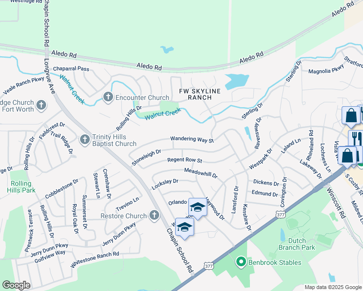 map of restaurants, bars, coffee shops, grocery stores, and more near 10104 Stoneleigh Drive in Benbrook