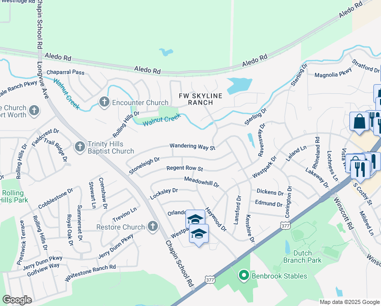 map of restaurants, bars, coffee shops, grocery stores, and more near 10104 Stoneleigh Drive in Benbrook