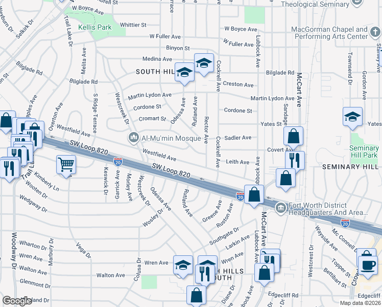 map of restaurants, bars, coffee shops, grocery stores, and more near 3117 Covert Avenue in Fort Worth