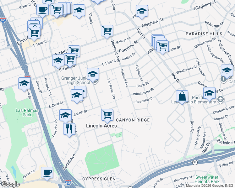 map of restaurants, bars, coffee shops, grocery stores, and more near 2311 Van Ness Ave in National City