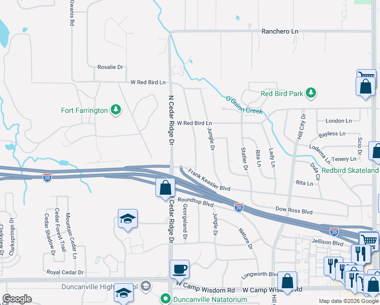 map of restaurants, bars, coffee shops, grocery stores, and more near 1211 Bow Creek Drive in Duncanville