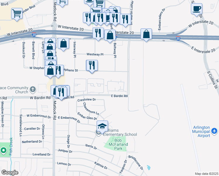 map of restaurants, bars, coffee shops, grocery stores, and more near 300 Bardin Greene Drive in Arlington