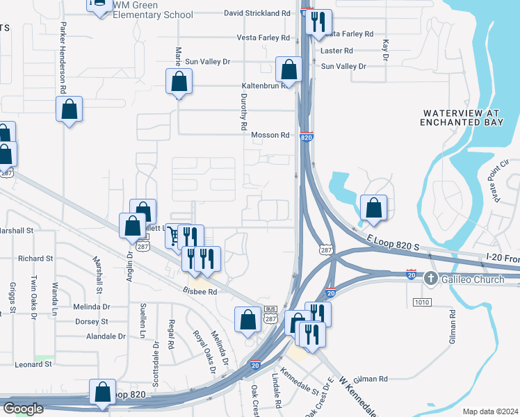 map of restaurants, bars, coffee shops, grocery stores, and more near 5920 Elizabeth Nicole Lane in Fort Worth