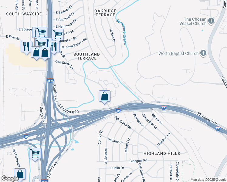 map of restaurants, bars, coffee shops, grocery stores, and more near 1021 Oak Grove Road in Fort Worth