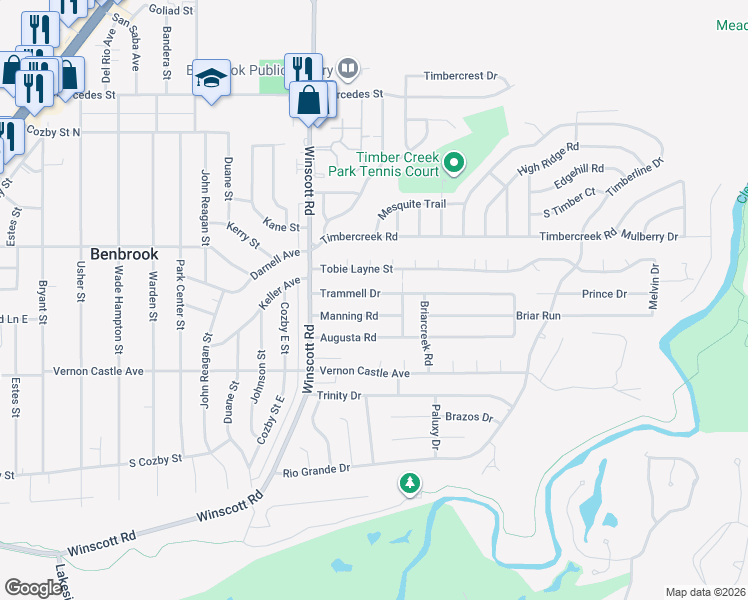 map of restaurants, bars, coffee shops, grocery stores, and more near 1208 Trammell Drive in Benbrook