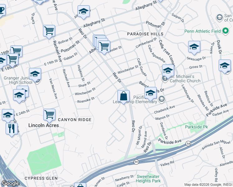 map of restaurants, bars, coffee shops, grocery stores, and more near 5795 Rancho Hills Drive in San Diego