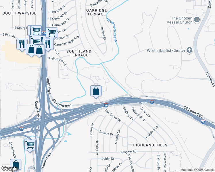 map of restaurants, bars, coffee shops, grocery stores, and more near 5129 Ivy Wood Lane in Fort Worth