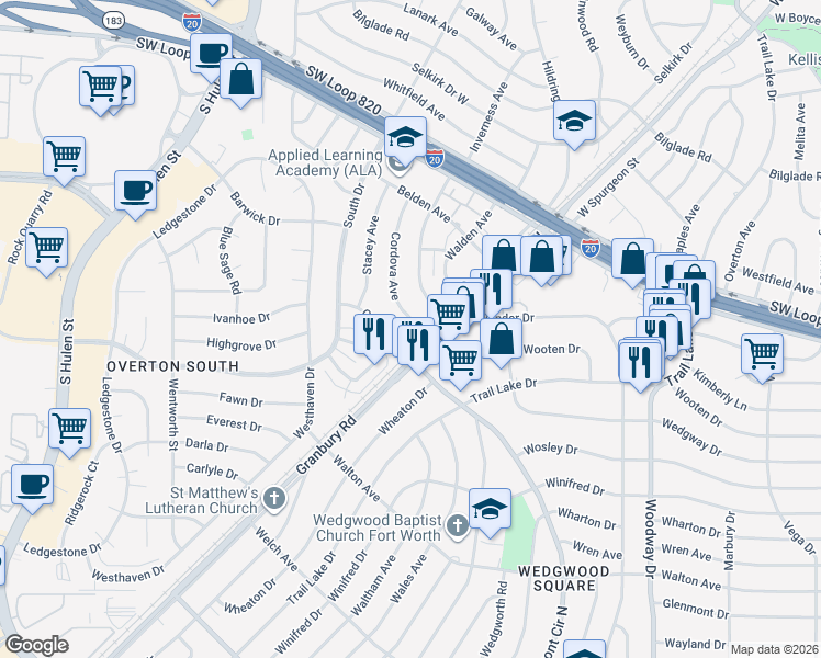 map of restaurants, bars, coffee shops, grocery stores, and more near 5220 Cordova Avenue in Fort Worth