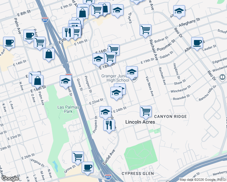 map of restaurants, bars, coffee shops, grocery stores, and more near 2121 Valle Vista Ave in National City