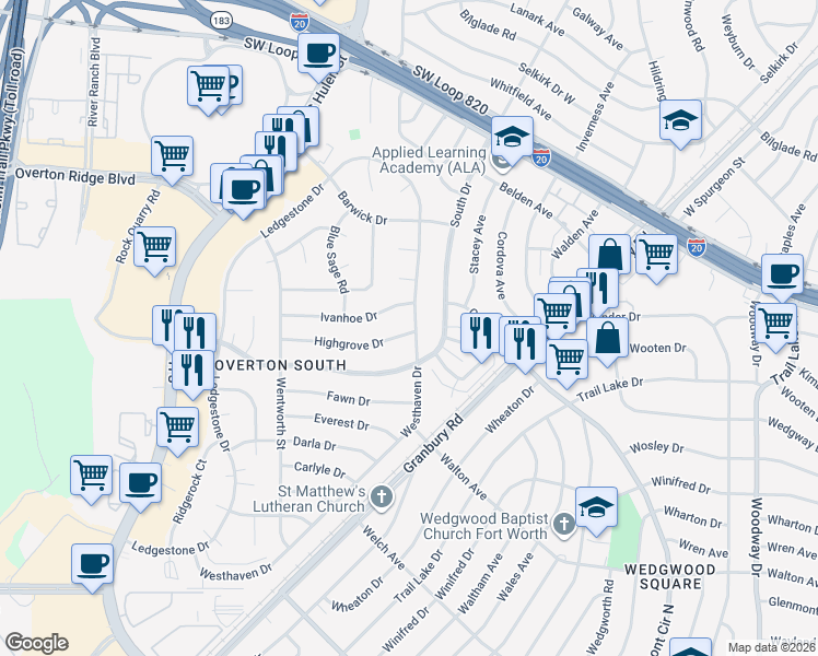 map of restaurants, bars, coffee shops, grocery stores, and more near 5312 Westhaven Drive in Fort Worth