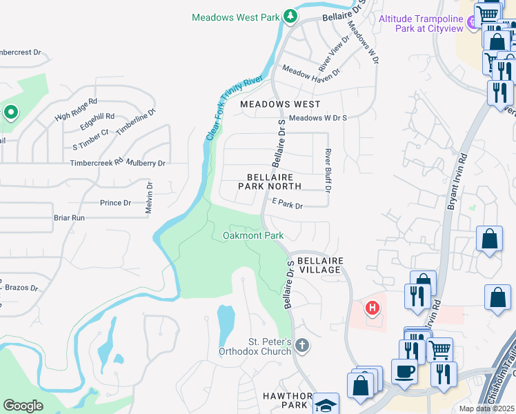 map of restaurants, bars, coffee shops, grocery stores, and more near 5125 North Branch Drive in Fort Worth