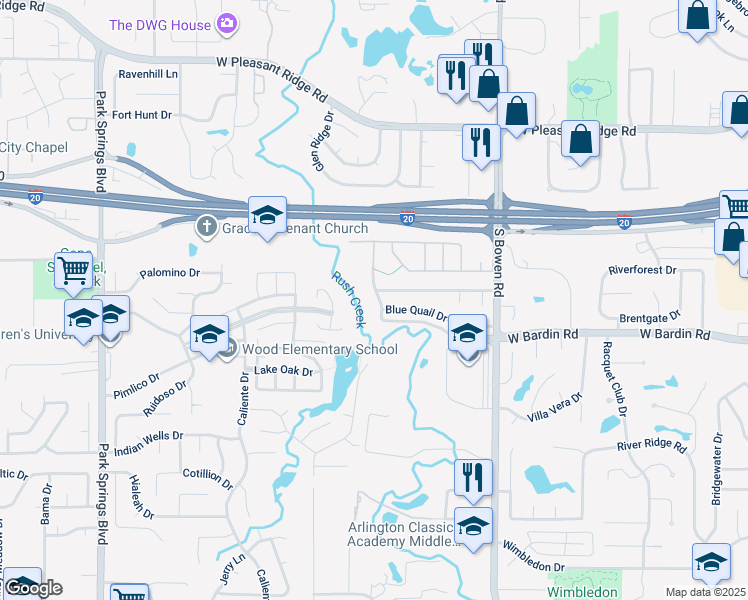 map of restaurants, bars, coffee shops, grocery stores, and more near 4502 Quail Creek Drive in Arlington