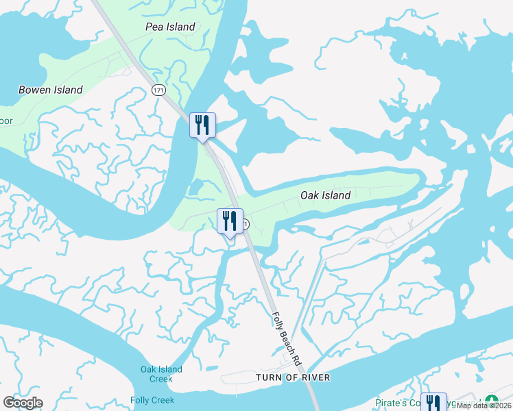map of restaurants, bars, coffee shops, grocery stores, and more near 1676 Oak Island Drive in Charleston