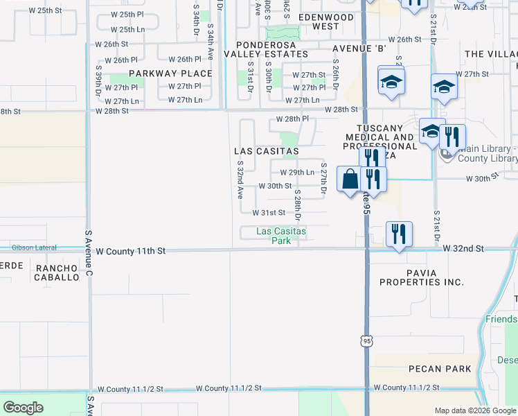 map of restaurants, bars, coffee shops, grocery stores, and more near 3091 South 31st Drive in Yuma