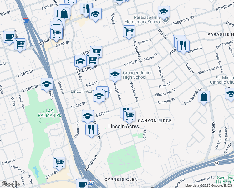 map of restaurants, bars, coffee shops, grocery stores, and more near 2204 Granger Avenue in National City
