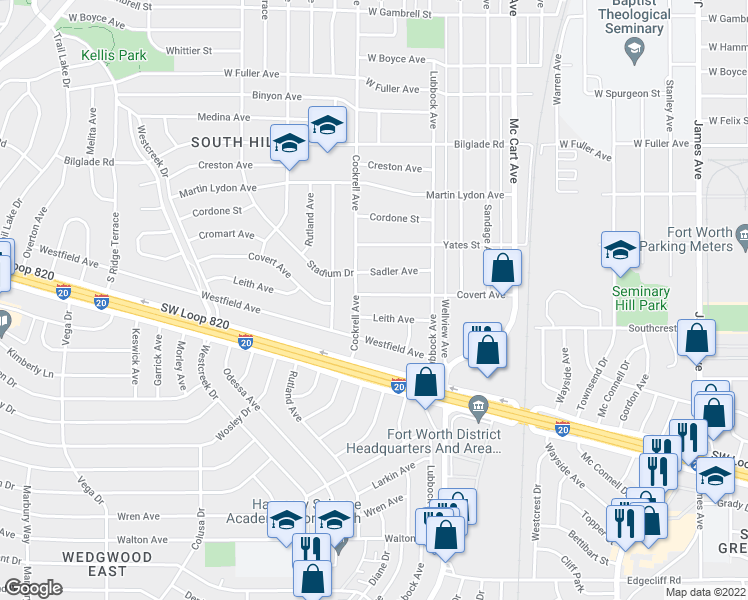 map of restaurants, bars, coffee shops, grocery stores, and more near 2905 Covert Avenue in Fort Worth