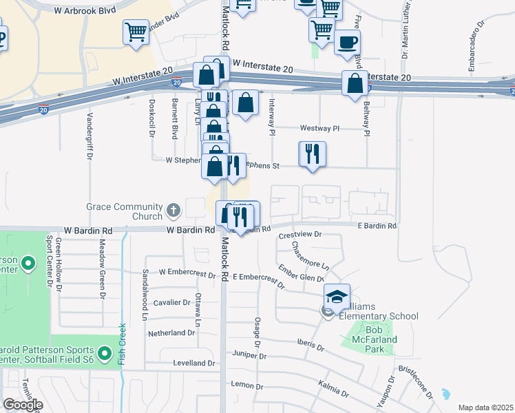 map of restaurants, bars, coffee shops, grocery stores, and more near 131 East Bardin Road in Arlington