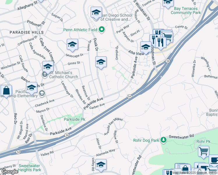 map of restaurants, bars, coffee shops, grocery stores, and more near 2875 Utica Drive in San Diego