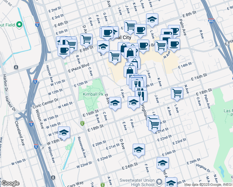 map of restaurants, bars, coffee shops, grocery stores, and more near 1429 E Avenue in National City