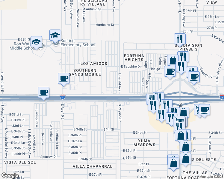 map of restaurants, bars, coffee shops, grocery stores, and more near 10442 North Frontage Road in Yuma
