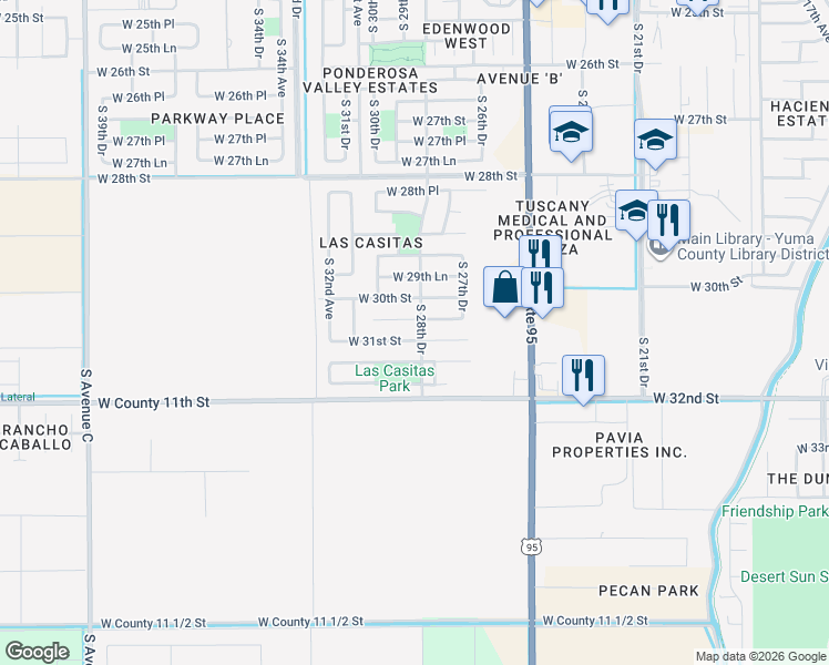 map of restaurants, bars, coffee shops, grocery stores, and more near 2838 West 31st Street in Yuma