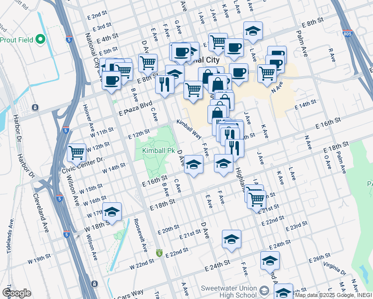 map of restaurants, bars, coffee shops, grocery stores, and more near in National City