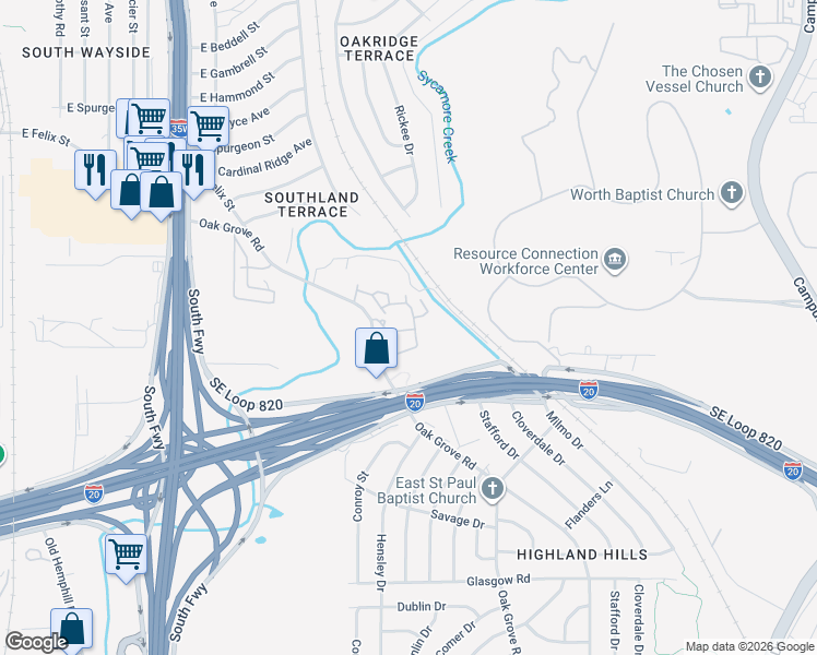 map of restaurants, bars, coffee shops, grocery stores, and more near 5129 Ivy Wood Ln in Fort Worth