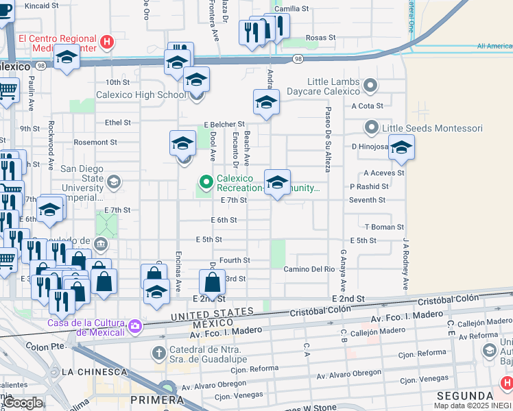 map of restaurants, bars, coffee shops, grocery stores, and more near 1010 East 7th Street in Calexico
