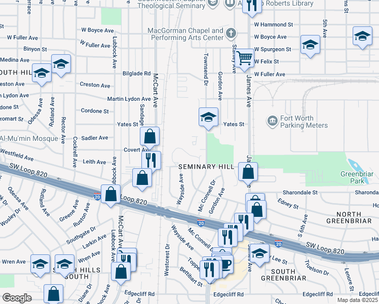 map of restaurants, bars, coffee shops, grocery stores, and more near 2100 Southcrest Drive in Fort Worth