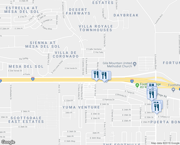 map of restaurants, bars, coffee shops, grocery stores, and more near 12354 East Calle Maria in Yuma